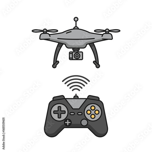 Drone and Remote Controller: A sleek drone hovers above a user-friendly remote controller, capturing the essence of modern aerial technology. Designed for simplicity and innovation.