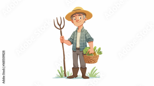 Farmer with vegetables and pitchfork illustration