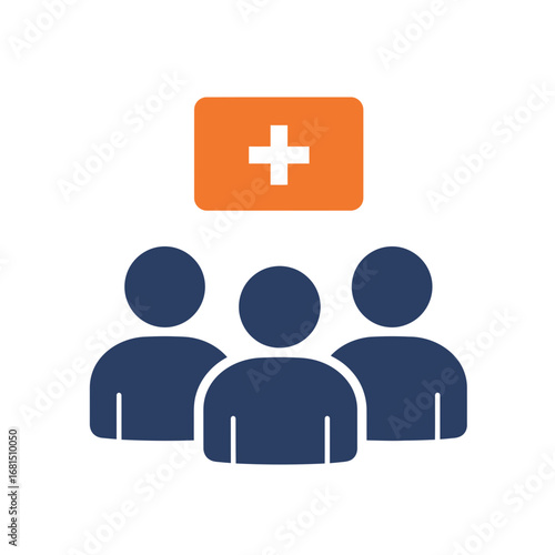 Healthcare Team: A stylized representation of a healthcare team symbolized by three figures with an orange first aid symbol.