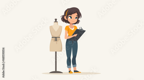 Fashion designer with clipboard beside dress form