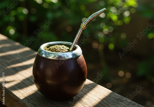 A traditional Yerba Mate drink served in a calabash gourd on a sunny wooden railing