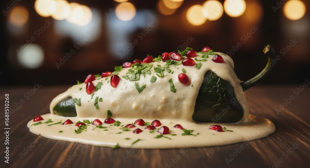Fototapeta premium Chile relleno (stuffed poblano pepper) beautifully presented, smothered in a creamy white sauce and topped with bright red pomegranate seeds.