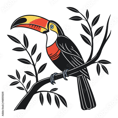 Toucan bird perched on a tree branch with leaves, isolated on white background