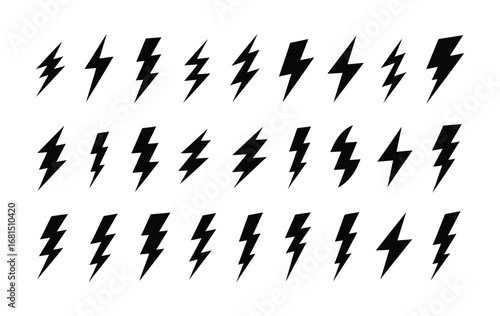 Lightning bolt icon. Flash symbol, thunderbolt, blitz lightnings strike sign. Electric energy black silhouettes, power concept