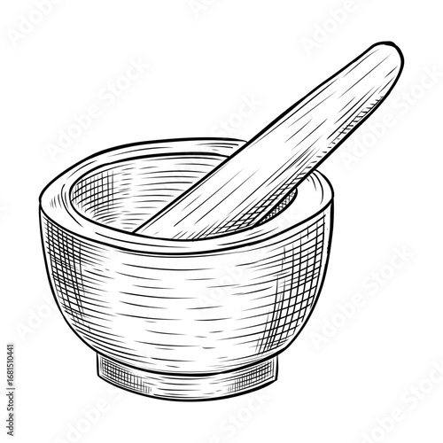 Hand drawn mortar and pestle sketch illustration