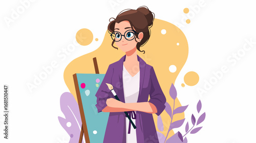 Female artist posing in front of easel