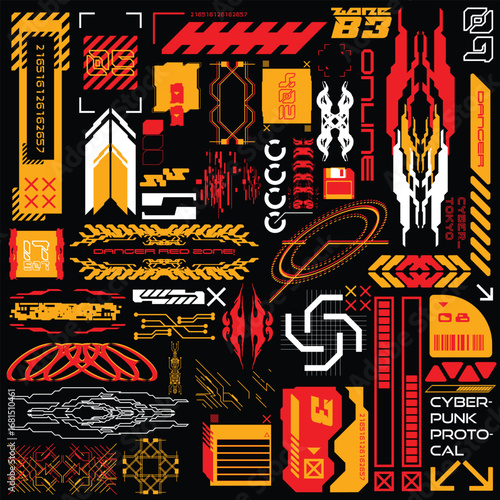 HUD sci-fi technology decals for futuristic gaming cyberpunk style, 2d illustration vector sticker set collection