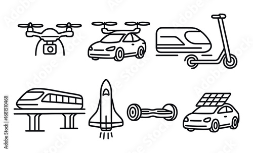Innovative transportation icons: drone, electric car, scooter, train, rocket, hoverboard, solar car