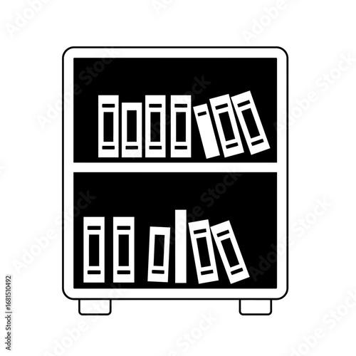 Literary Cabinet: A minimalist black and white illustration showcasing a bookcase filled with various books, capturing the essence of learning and literature.