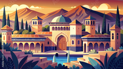 Alhambra Palace, Spain, presents Islamic arches, ornate mosaics, and palace courtyards framed by mountains. Sunset tones enhance geometry; semi-realistic flat vector emphasizing ornamental depth and g