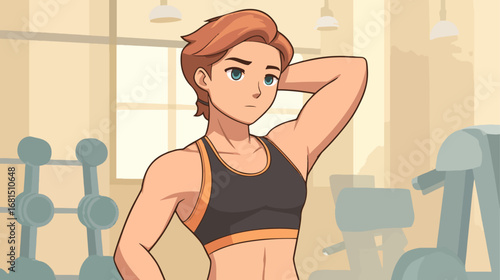 Female character in fitness gym cartoon style