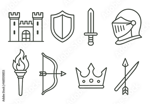 Medieval icons: castle, shield, sword, helmet, torch, bow, crown, arrows