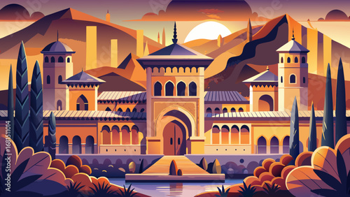 Alhambra Palace, Spain, presents Islamic arches, ornate mosaics, and palace courtyards framed by mountains. Sunset tones enhance geometry; semi-realistic flat vector emphasizing ornamental depth and g