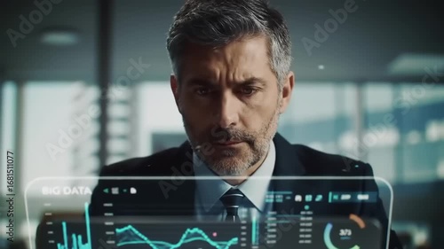 Businessman reviews digital data charts