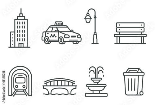 Urban icon set featuring transport, architecture, and public spaces