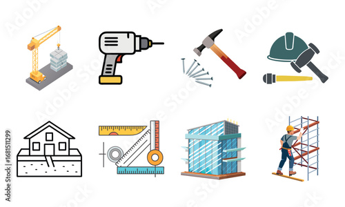 Construction and Building Icons Set – Architecture Tools, Engineering Equipment, Construction Site, Crane, Safety Helmet, Concrete Mixer, Bulldozer, Power Drill, Saw, Hammer, Ruler, Paint Roller, Wood