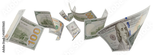 Randomly Falling U.S. 100 Dollar Bills on a Transparent Background. Transparent PNG.