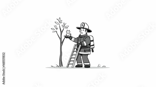 Firefighter rescues kitten from tree illustration
