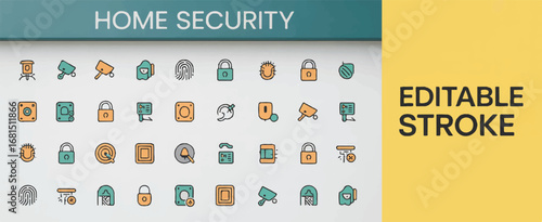 A set of 30 home security icons arranged in a 5x6 grid on a white background.  Editable stroke.