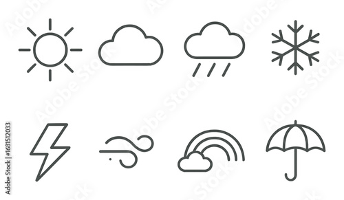 Weather icons set: sun, cloud, rain, snow, lightning, wind, rainbow, umbrella symbols