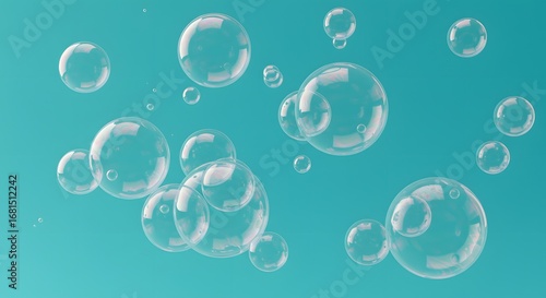 Realistic Soap Bubbles Floating on a Teal Background