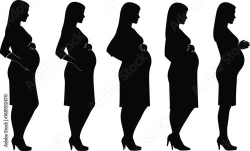 Pregnant woman silhouettes vector, maternity illustration, expecting mother clipart, prenatal poses set, pregnancy stage graphic, prenatal profile images,