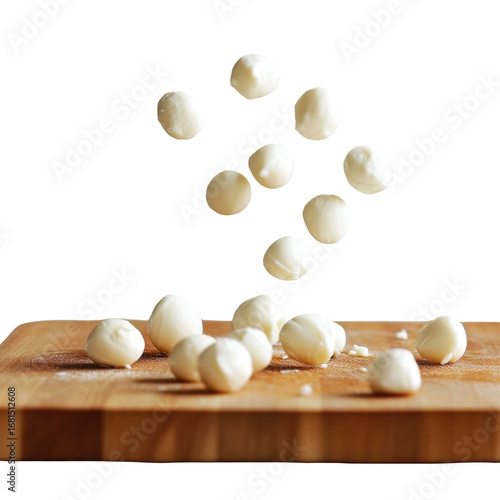 Fresh mozzarella balls falling onto wooden cutting board isolated on transparent background