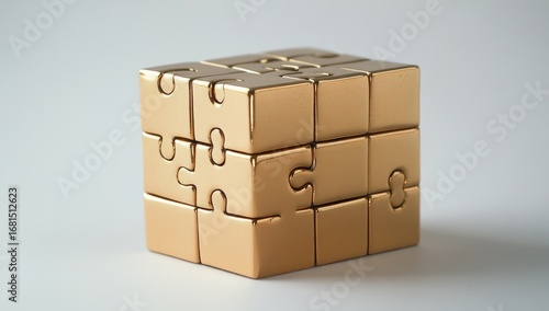 A golden cube made of puzzle pieces is sitting on the table.
