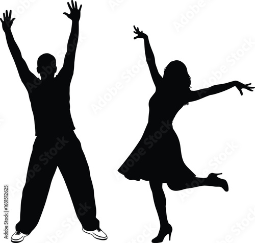 Happy people silhouettes vector, energetic pose illustration, dancing figure clipart, excited man and woman graphic, joyful movement images,