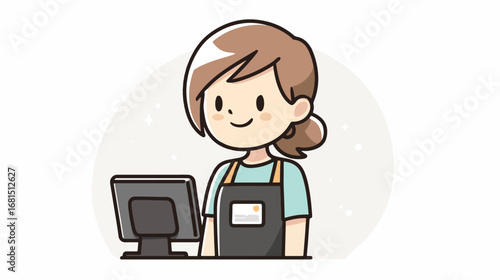 Friendly cartoon character working at a point of sale terminal