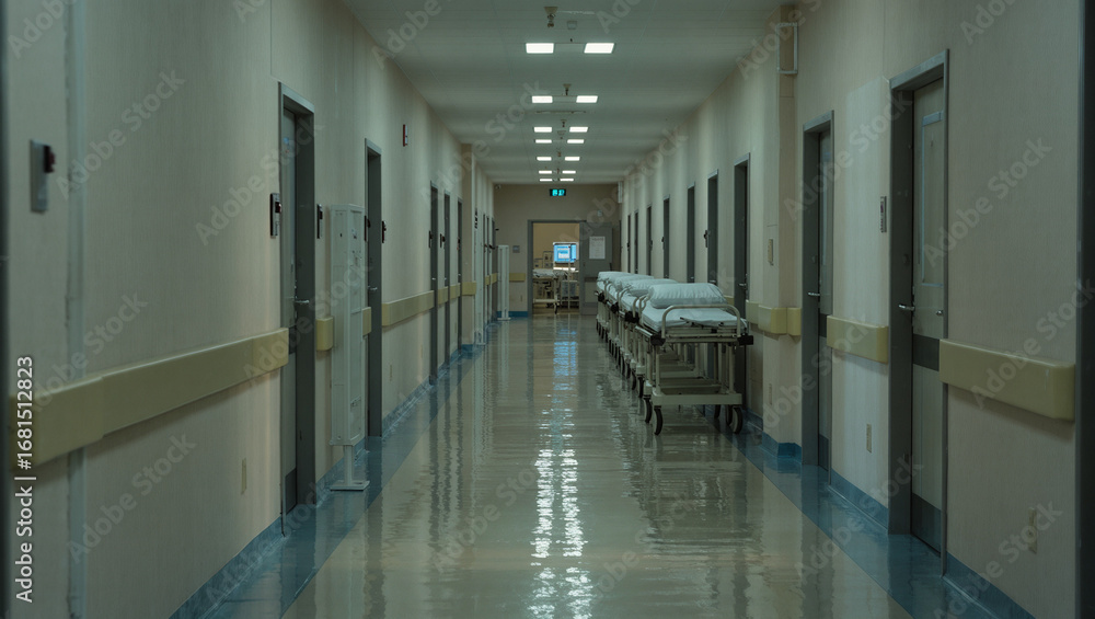 Obraz premium A long, empty hospital corridor with a row of doors and gurneys. The bright, reflective floor and clean, minimalist aesthetic create a modern, clinical, and slightly eerie atmosphere.