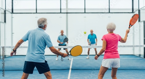 Four active older adult men and women enjoying a friendly pickleball match on an indoor court