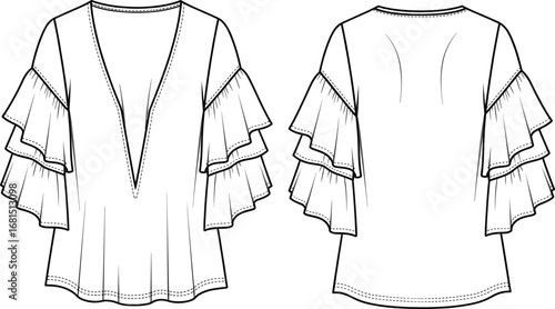 women’s blouse front and back view, deep v neckline, tiered ruffle sleeves, flared hem, fashion flat sketch, garment design, cad drawing flat vector illustration