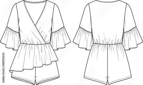 Women’s romper fashion design, wrap V‑neck bodice, flutter sleeve ruffle hem, cinched waist, flared shorts, garment flat sketch, cad drawing flat vector illustration