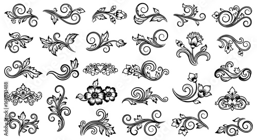 Vector art of variety of intricate black and white floral swirls and decorative flourishes