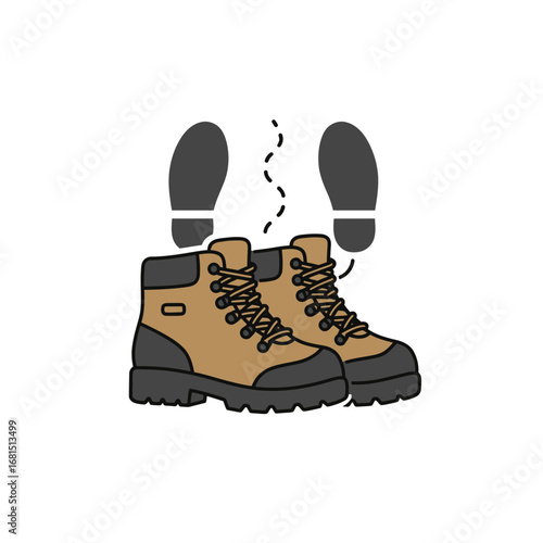 Adventure Boots on Footprints: A pair of sturdy adventure boots and footprints, symbolizing exploration and journey in a clean, minimalist illustration style.