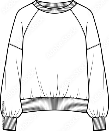 long sleeve sweatshirt, raglan sleeve pullover, crew neck jumper, ribbed cuffs and hem, casual unisex top, flat cad drawing vector illustration