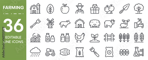A set of 36 thin line farming and agriculture icons arranged in a 6x6 grid layout on a white background.