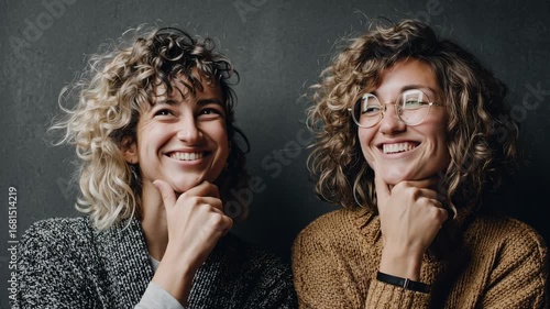 Two women with curly hair and hands on chin