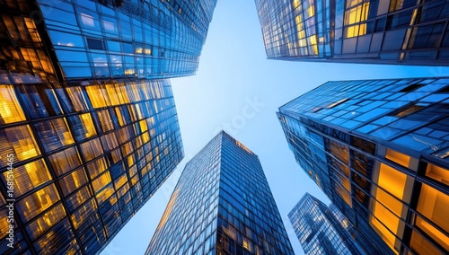 A high-angle view of tall buildings with glass facades, illuminated by the soft glow from lights within their interiors.