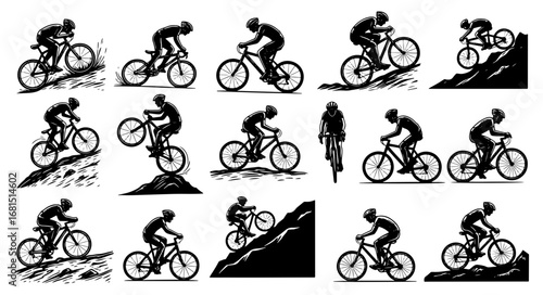 Vector art of dynamic montage of mountain bikers in action, showcasing jumps, downhill riding, and various poses on challenging terrains