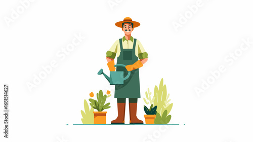 Gardener watering plants flat design illustration