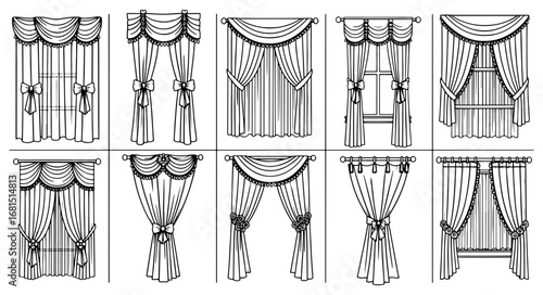 Vector art of set of black and white line drawings of various curtain styles and window treatments