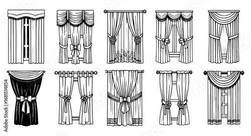 Vector art of collection of various curtain designs and styles