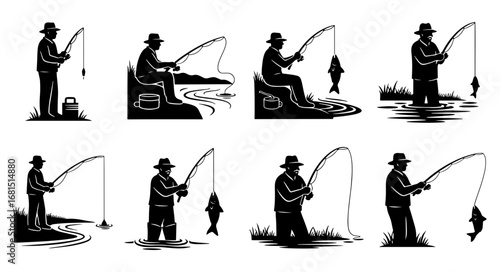 Vector art of collection of fishing silhouettes depicting anglers with rods and caught fish