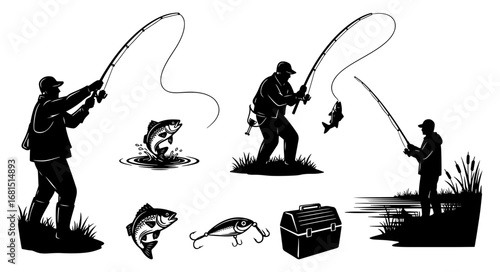 Vector art of collection of fishing silhouettes including anglers casting, reeling in fish, and fishing gear on a