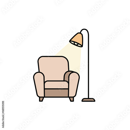 Cozy Corner: An inviting armchair sits beneath a focused floor lamp, its warm glow promising comfort and relaxation. A stylish scene of interior design.