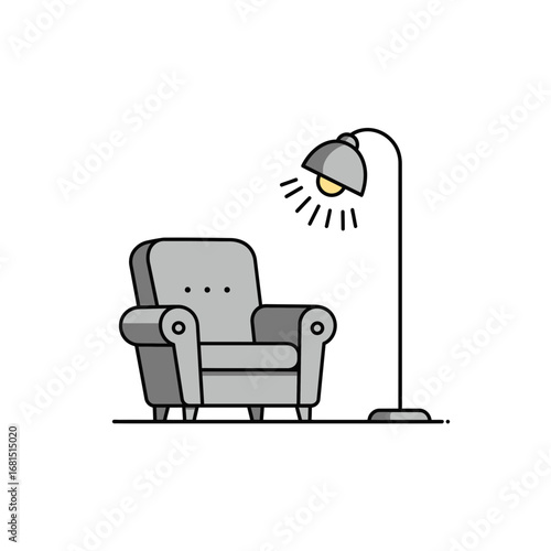 Cozy Corner Illustration: A minimalist illustration showcases a comfortable armchair and a stylish floor lamp, ideal for relaxation and reading. 