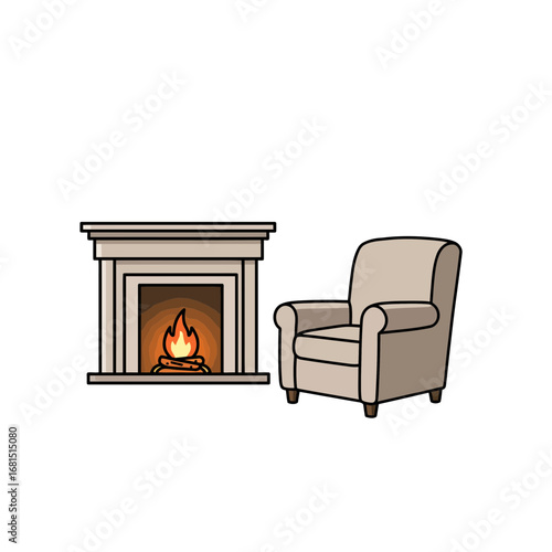 Cozy Fireplace and Chair: A warm, inviting fireplace with glowing flames and a comfortable armchair create a scene of home, warmth, and relaxation.