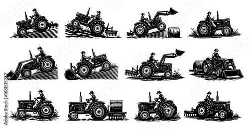 Vector art of collection of twelve vintage tractors performing various agricultural tasks, including plowing, tilling, and hauling